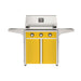 American Outdoor Grill 30" T-Series Portable Gas Grill with yellow accent panel and yellow accent panel cart base, large analog thermometer and push-button electronic ignition with backlit comfort-touch control knobs.
