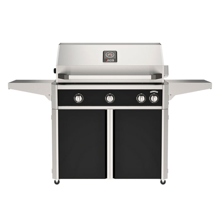 American Outdoor Grill 36" L-Series Portable Gas Grill with black accent panel and black accent panel cart base, large analog thermometer and push-button electronic ignition with backlit comfort-touch control knobs.
