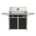 American Outdoor Grill 36" L-Series Portable Gas Grill with black accent panel and black accent panel cart base, large analog thermometer and push-button electronic ignition with backlit comfort-touch control knobs.
