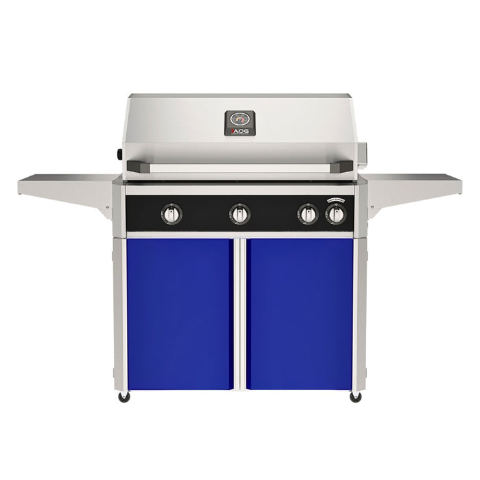 American Outdoor Grill 36" L-Series Portable Gas Grill with black accent panel and blue accent panel cart base, large analog thermometer and push-button electronic ignition with backlit comfort-touch control knobs.
