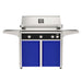 American Outdoor Grill 36" L-Series Portable Gas Grill with black accent panel and blue accent panel cart base, large analog thermometer and push-button electronic ignition with backlit comfort-touch control knobs.
