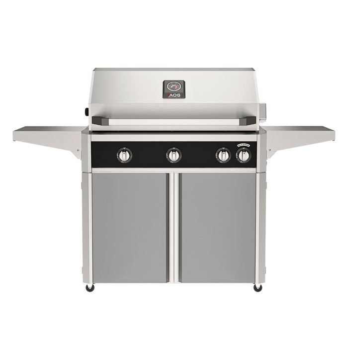 American Outdoor Grill 36" L-Series Portable Gas Grill with black accent and gray accent panel cart base, large analog thermometer and push-button electronic ignition with backlit comfort-touch control knobs.
