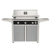 American Outdoor Grill 36" L-Series Portable Gas Grill with black accent and gray accent panel cart base, large analog thermometer and push-button electronic ignition with backlit comfort-touch control knobs.
