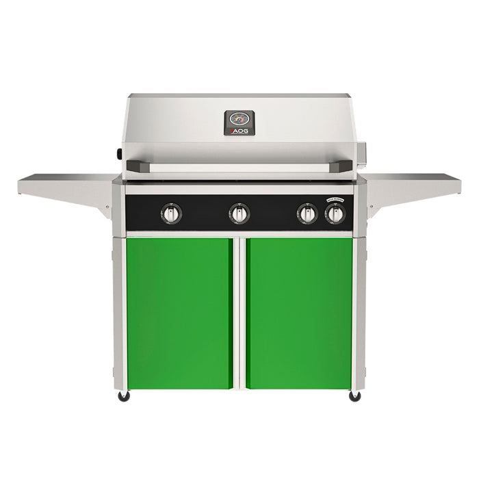 American Outdoor Grill 36" L-Series Portable Gas Grill with black accent panel and green accent panel cart base, large analog thermometer and push-button electronic ignition with backlit comfort-touch control knobs.
