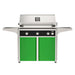 American Outdoor Grill 36" L-Series Portable Gas Grill with black accent panel and green accent panel cart base, large analog thermometer and push-button electronic ignition with backlit comfort-touch control knobs.
