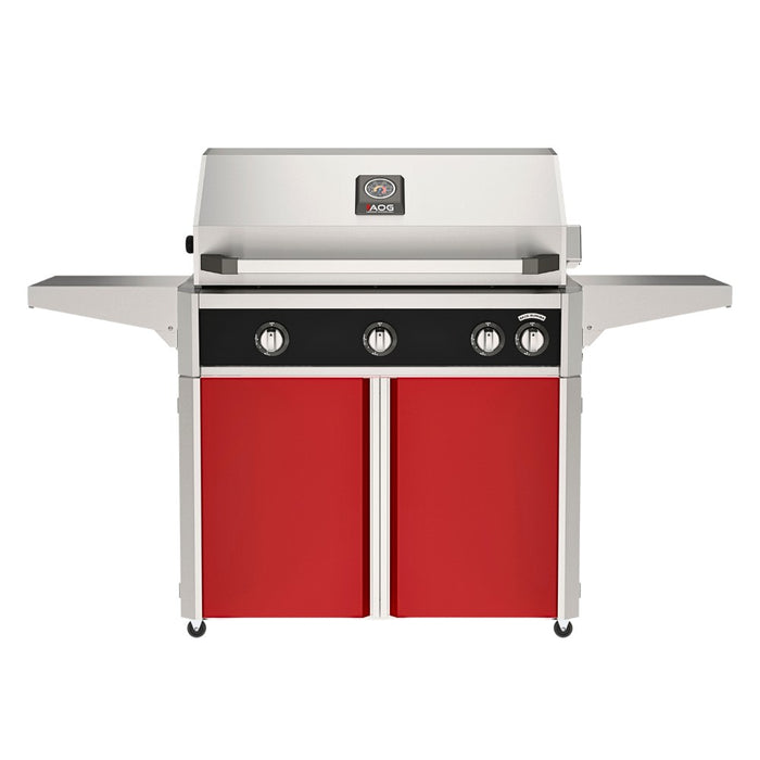 American Outdoor Grill 36" L-Series Portable Gas Grill with black accent panel and red accent panel cart base, large analog thermometer and push-button electronic ignition with backlit comfort-touch control knobs.
