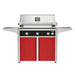 American Outdoor Grill 36" L-Series Portable Gas Grill with black accent panel and red accent panel cart base, large analog thermometer and push-button electronic ignition with backlit comfort-touch control knobs.

