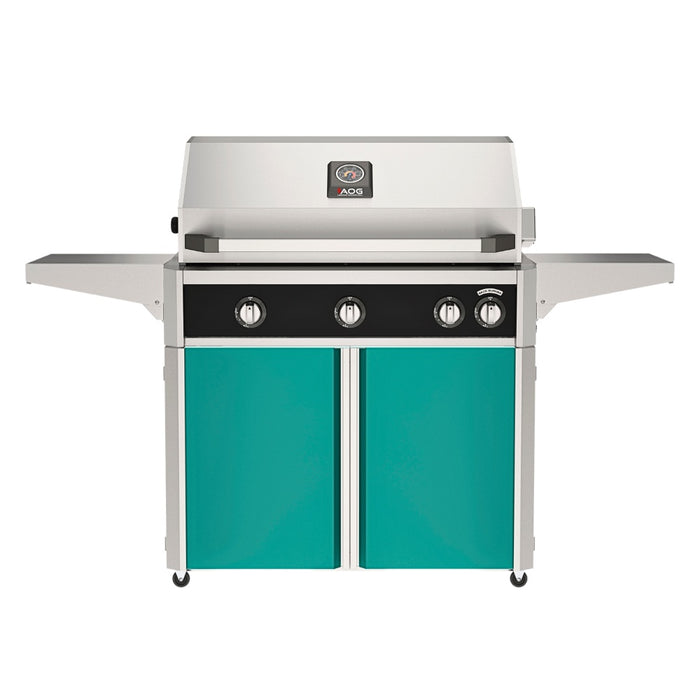 American Outdoor Grill 36" L-Series Portable Gas Grill with black accent panel and teal accent panel cart base, large analog thermometer and push-button electronic ignition with backlit comfort-touch control knobs.
