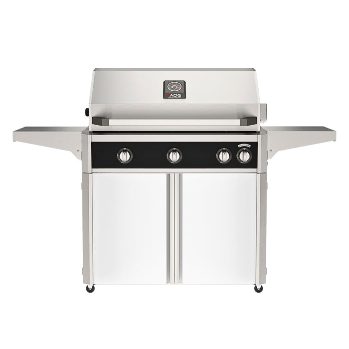 American Outdoor Grill 36" L-Series Portable Gas Grill with black accent and white accent panel cart base, large analog thermometer and push-button electronic ignition with backlit comfort-touch control knobs.
