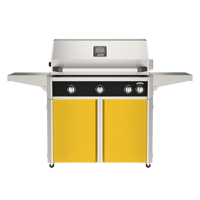 American Outdoor Grill 36" L-Series Portable Gas Grill with black accent panel and yellow accent panel cart base, large analog thermometer and push-button electronic ignition with backlit comfort-touch control knobs.
