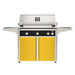 American Outdoor Grill 36" L-Series Portable Gas Grill with black accent panel and yellow accent panel cart base, large analog thermometer and push-button electronic ignition with backlit comfort-touch control knobs.
