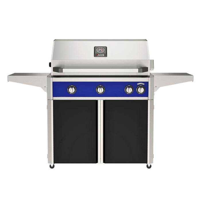 American Outdoor Grill 36" L-Series Portable Gas Grill with blue accent panel and black accent panel cart base, large analog thermometer and push-button electronic ignition with backlit comfort-touch control knobs.
