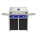 American Outdoor Grill 36" L-Series Portable Gas Grill with blue accent panel and black accent panel cart base, large analog thermometer and push-button electronic ignition with backlit comfort-touch control knobs.
