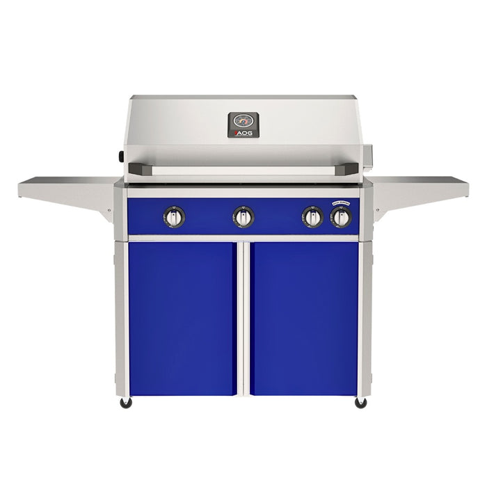American Outdoor Grill 36" L-Series Portable Gas Grill with blue accent panel and blue accent panel cart base, large analog thermometer and push-button electronic ignition with backlit comfort-touch control knobs.
