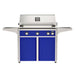 American Outdoor Grill 36" L-Series Portable Gas Grill with blue accent panel and blue accent panel cart base, large analog thermometer and push-button electronic ignition with backlit comfort-touch control knobs.
