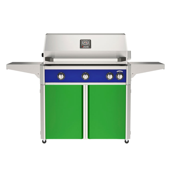 American Outdoor Grill 36" L-Series Portable Gas Grill with blue accent panel and green accent panel cart base, large analog thermometer and push-button electronic ignition with backlit comfort-touch control knobs.
