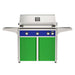 American Outdoor Grill 36" L-Series Portable Gas Grill with blue accent panel and green accent panel cart base, large analog thermometer and push-button electronic ignition with backlit comfort-touch control knobs.
