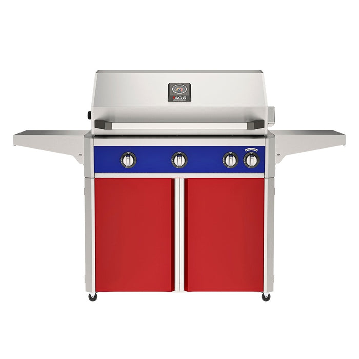 American Outdoor Grill 36" L-Series Portable Gas Grill with blue accent panel and red accent panel cart base, large analog thermometer and push-button electronic ignition with backlit comfort-touch control knobs.
