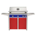 American Outdoor Grill 36" L-Series Portable Gas Grill with blue accent panel and red accent panel cart base, large analog thermometer and push-button electronic ignition with backlit comfort-touch control knobs.
