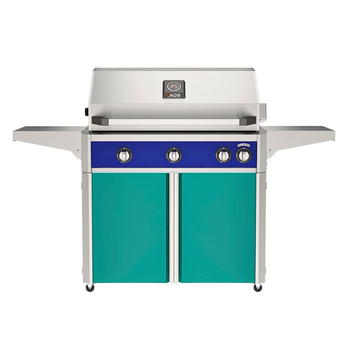 American Outdoor Grill 36" L-Series Portable Gas Grill with blue accent panel and teal accent panel cart base, large analog thermometer and push-button electronic ignition with backlit comfort-touch control knobs.
