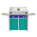 American Outdoor Grill 36" L-Series Portable Gas Grill with blue accent panel and teal accent panel cart base, large analog thermometer and push-button electronic ignition with backlit comfort-touch control knobs.
