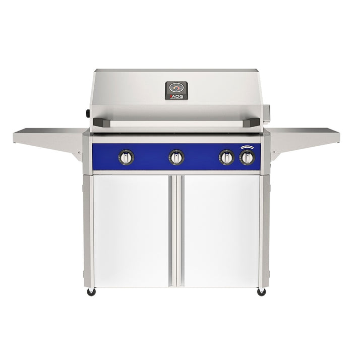 American Outdoor Grill 36" L-Series Portable Gas Grill with blue accent panel and white accent panel cart base, large analog thermometer and push-button electronic ignition with backlit comfort-touch control knobs.
