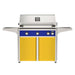 American Outdoor Grill 36" L-Series Portable Gas Grill with blue accent panel and yellow accent panel cart base, large analog thermometer and push-button electronic ignition with backlit comfort-touch control knobs.
