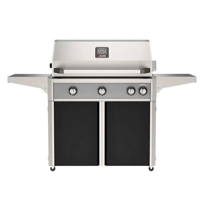 American Outdoor Grill 36" L-Series Portable Gas Grill with gray accent panel and black accent panel cart base, large analog thermometer and push-button electronic ignition with backlit comfort-touch control knobs.

