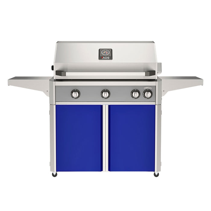 American Outdoor Grill 36" L-Series Portable Gas Grill with gray accent panel and blue accent panel cart base, large analog thermometer and push-button electronic ignition with backlit comfort-touch control knobs.
