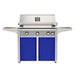 American Outdoor Grill 36" L-Series Portable Gas Grill with gray accent panel and blue accent panel cart base, large analog thermometer and push-button electronic ignition with backlit comfort-touch control knobs.
