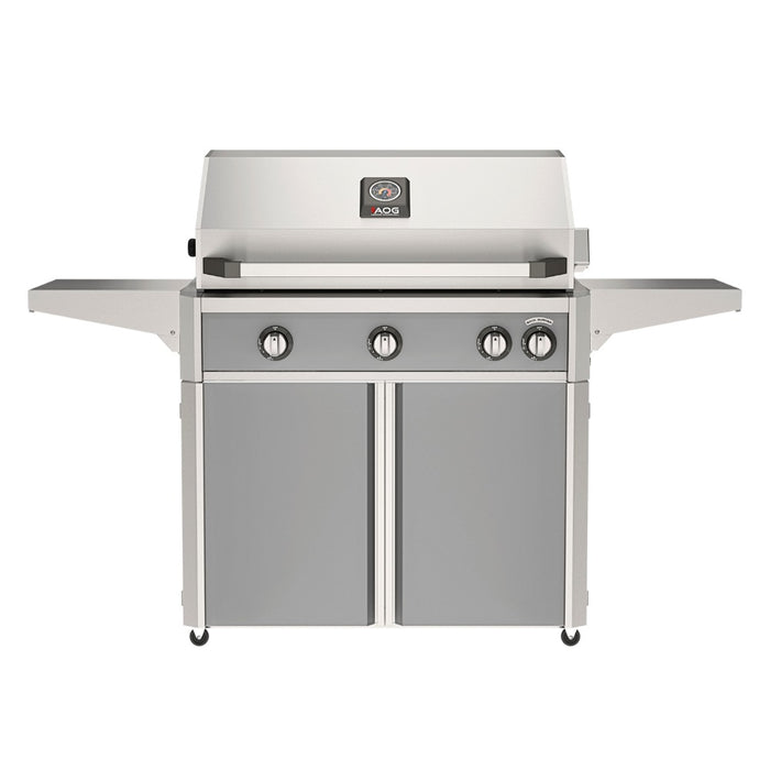American Outdoor Grill 36" L-Series Portable Gas Grill with gray accent panel and gray accent panel cart base, large analog thermometer and push-button electronic ignition with backlit comfort-touch control knobs.
