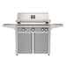 American Outdoor Grill 36" L-Series Portable Gas Grill with gray accent panel and gray accent panel cart base, large analog thermometer and push-button electronic ignition with backlit comfort-touch control knobs.
