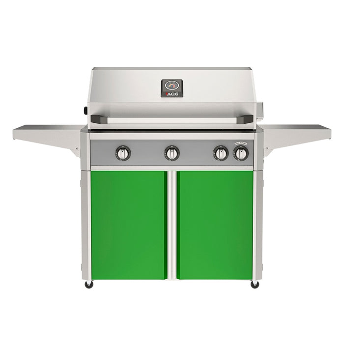 American Outdoor Grill 36" L-Series Portable Gas Grill with gray accent panel and green accent panel cart base, large analog thermometer and push-button electronic ignition with backlit comfort-touch control knobs.
