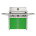American Outdoor Grill 36" L-Series Portable Gas Grill with gray accent panel and green accent panel cart base, large analog thermometer and push-button electronic ignition with backlit comfort-touch control knobs.
