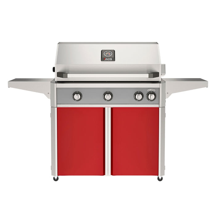 American Outdoor Grill 36" L-Series Portable Gas Grill with gray accent panel and red accent panel cart base, large analog thermometer and push-button electronic ignition with backlit comfort-touch control knobs.
