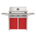 American Outdoor Grill 36" L-Series Portable Gas Grill with gray accent panel and red accent panel cart base, large analog thermometer and push-button electronic ignition with backlit comfort-touch control knobs.
