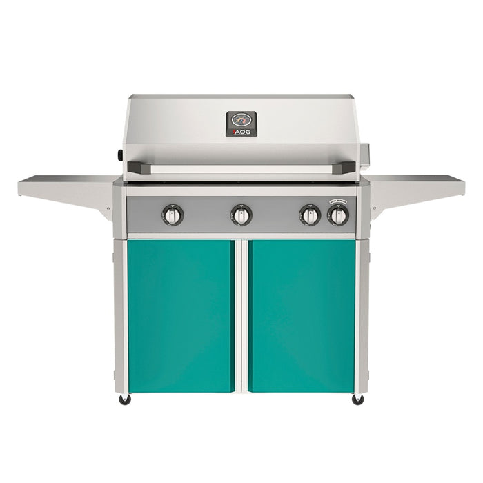 American Outdoor Grill 36" L-Series Portable Gas Grill with gray accent panel and teal accent panel cart base, large analog thermometer and push-button electronic ignition with backlit comfort-touch control knobs.
