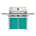 American Outdoor Grill 36" L-Series Portable Gas Grill with gray accent panel and teal accent panel cart base, large analog thermometer and push-button electronic ignition with backlit comfort-touch control knobs.
