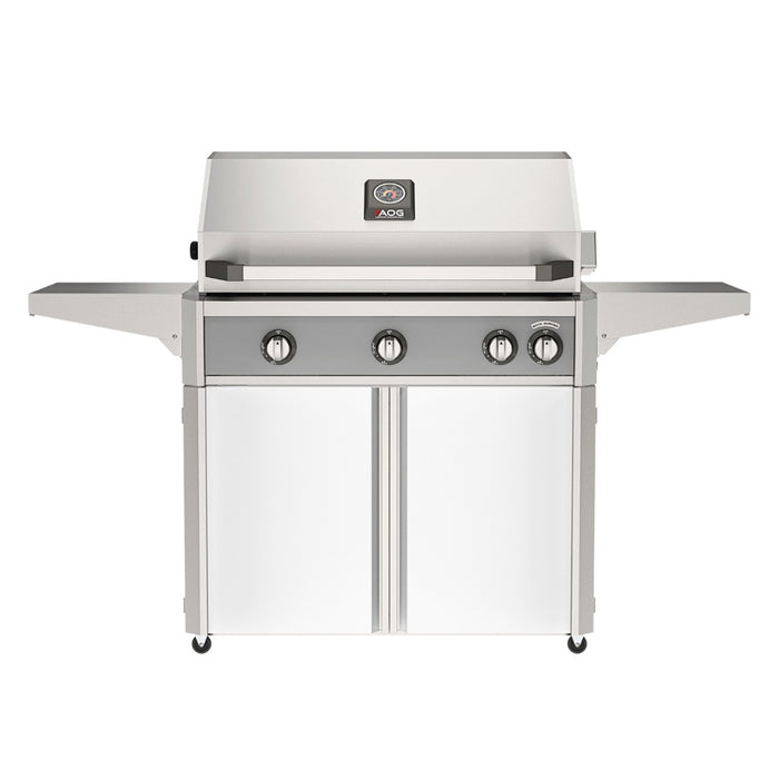 American Outdoor Grill 36" L-Series Portable Gas Grill with gray accent panel and white accent panel cart base, large analog thermometer and push-button electronic ignition with backlit comfort-touch control knobs.
