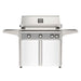American Outdoor Grill 36" L-Series Portable Gas Grill with gray accent panel and white accent panel cart base, large analog thermometer and push-button electronic ignition with backlit comfort-touch control knobs.
