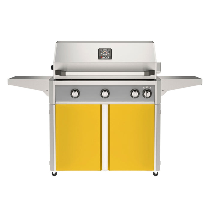 American Outdoor Grill 36" L-Series Portable Gas Grill with gray accent panel and yellow accent panel cart base, large analog thermometer and push-button electronic ignition with backlit comfort-touch control knobs.
