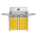 American Outdoor Grill 36" L-Series Portable Gas Grill with gray accent panel and yellow accent panel cart base, large analog thermometer and push-button electronic ignition with backlit comfort-touch control knobs.
