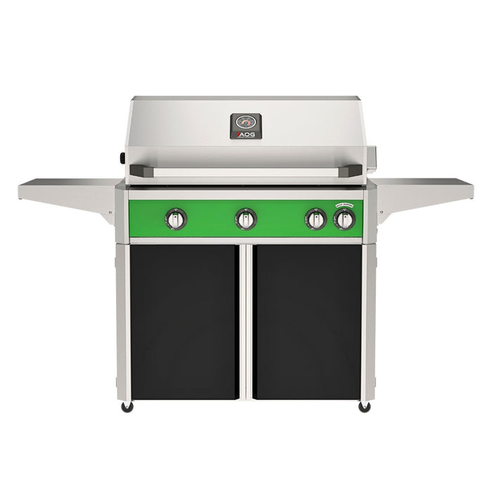 American Outdoor Grill 36" L-Series Portable Gas Grill with green accent panel and black accent panel cart base, large analog thermometer and push-button electronic ignition with backlit comfort-touch control knobs.

