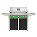 American Outdoor Grill 36" L-Series Portable Gas Grill with green accent panel and black accent panel cart base, large analog thermometer and push-button electronic ignition with backlit comfort-touch control knobs.

