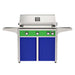 American Outdoor Grill 36" L-Series Portable Gas Grill with green accent panel and blue accent panel cart base, large analog thermometer and push-button electronic ignition with backlit comfort-touch control knobs.
