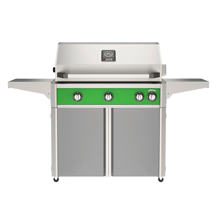 American Outdoor Grill 36" L-Series Portable Gas Grill with green accent panel and gray accent panel cart base, large analog thermometer and push-button electronic ignition with backlit comfort-touch control knobs.

