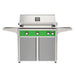 American Outdoor Grill 36" L-Series Portable Gas Grill with green accent panel and gray accent panel cart base, large analog thermometer and push-button electronic ignition with backlit comfort-touch control knobs.
