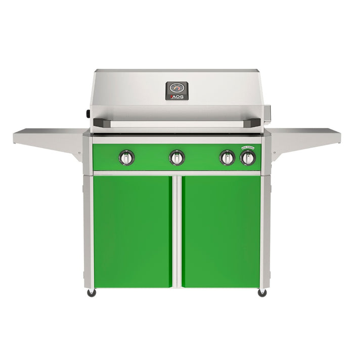 American Outdoor Grill 36" L-Series Portable Gas Grill with green accent panel and green accent panel cart base, large analog thermometer and push-button electronic ignition with backlit comfort-touch control knobs.
