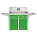American Outdoor Grill 36" L-Series Portable Gas Grill with green accent panel and green accent panel cart base, large analog thermometer and push-button electronic ignition with backlit comfort-touch control knobs.
