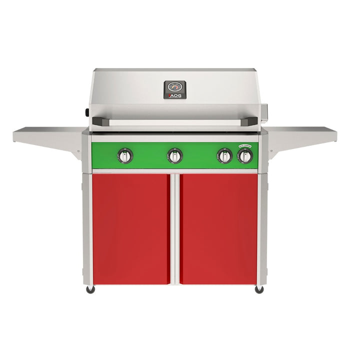 American Outdoor Grill 36" L-Series Portable Gas Grill with green accent panel and red accent panel cart base, large analog thermometer and push-button electronic ignition with backlit comfort-touch control knobs.
